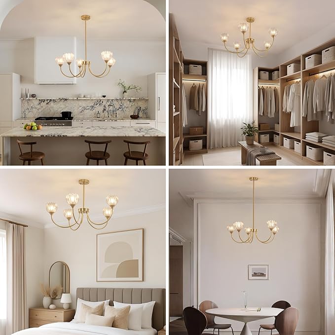 Shenmoyl 30.31" Brass Gold Chandelier, 5-Light Chandelier Light with Clear Tulip Glass Lampshade, Height Adjustable Vintage Chandeliers for Dining Room Living Room Kitchen Island