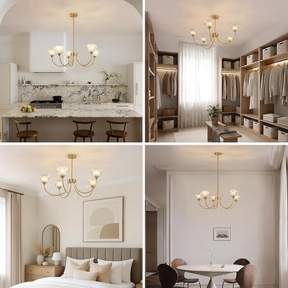 Shenmoyl 30.31" Brass Gold Chandelier, 5-Light Chandelier Light with Clear Tulip Glass Lampshade, Height Adjustable Vintage Chandeliers for Dining Room Living Room Kitchen Island