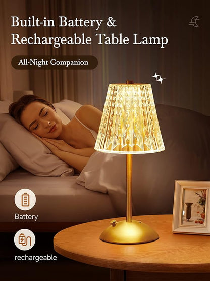 Crystal Cordless Lamp, Dimmable+3 Colors Rechargeable Lamp, Touch+2000mAh Battery Operated Vintage Ambient Light for Kitchen/Bedroom/Bathroom Shower, College Gifts, Mothers Day Gifts for Wife Daughter