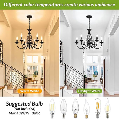 6-Light Farmhouse Candle Chandelier for Living Room, Rustic Industrial Pendant Ceiling Light fixture, Vintage Hanging Lamp for Bedroom Hallway Kitchen Dining Room Foyer, Matte Black E12 Socket