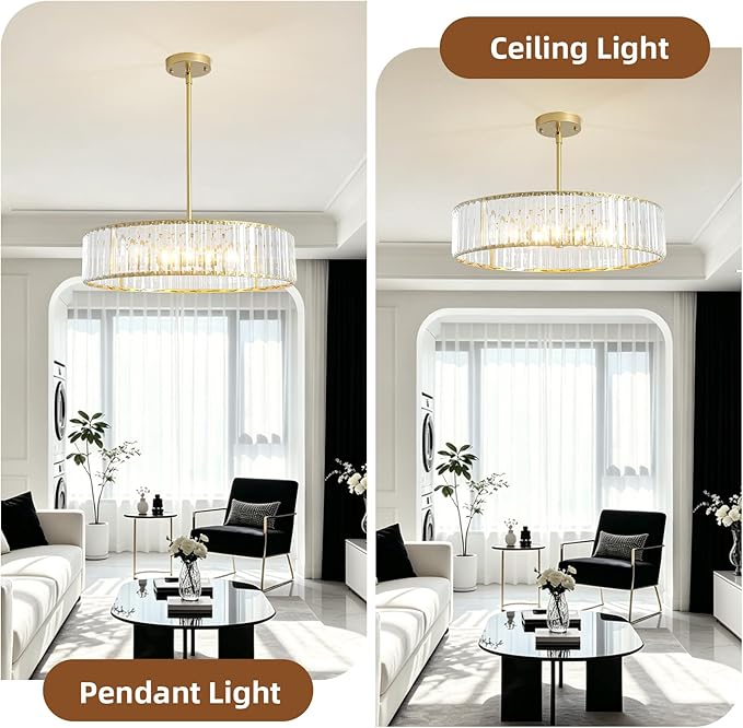 5-Light Gold Crystal Chandelier for Dining Room, Modern Semi Flush Mount Chandelier Lighting Fixtures, Round Kitchen Hanging Drum Pendant Lights Ceiling for Living Room Bedroom Entryway Foyer， 20 Inch