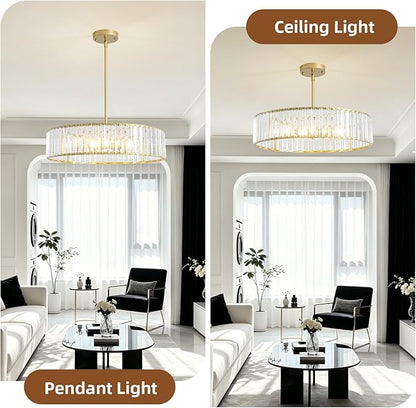 5-Light Gold Crystal Chandelier for Dining Room, Modern Semi Flush Mount Chandelier Lighting Fixtures, Round Kitchen Hanging Drum Pendant Lights Ceiling for Living Room Bedroom Entryway Foyer， 20 Inch