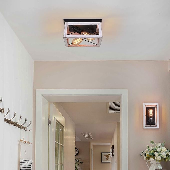 Luupyia 2Light Farmhouse Ceiling Light Fixture Semi Flush Mount, White Ceiling Light Rectangle Rustic Lighting Farmhouse Hallway Lights Fixtures Foyer Lighting for Entryway 11Inches, E26