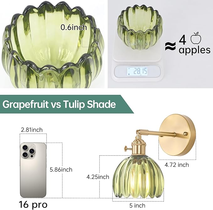 Shenmoyl Vintage Wall Sconces Set of 2 with Green Tulip Glass Lampshade 180 Degree Adjustable Brass Sconces Hradwired Modern Wall Lighting Fixture with Switch for Bedside Bedroom Doorway