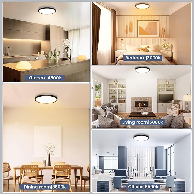 NIORSUN 12 inch Flush Mount LED Ceiling Light Fixture, 5CCT Adjustable Lights, Ultra Thin White Round Lamp, 24W Dimmable Light for Hallway, Kitchen, Bedroom, 1pack Black