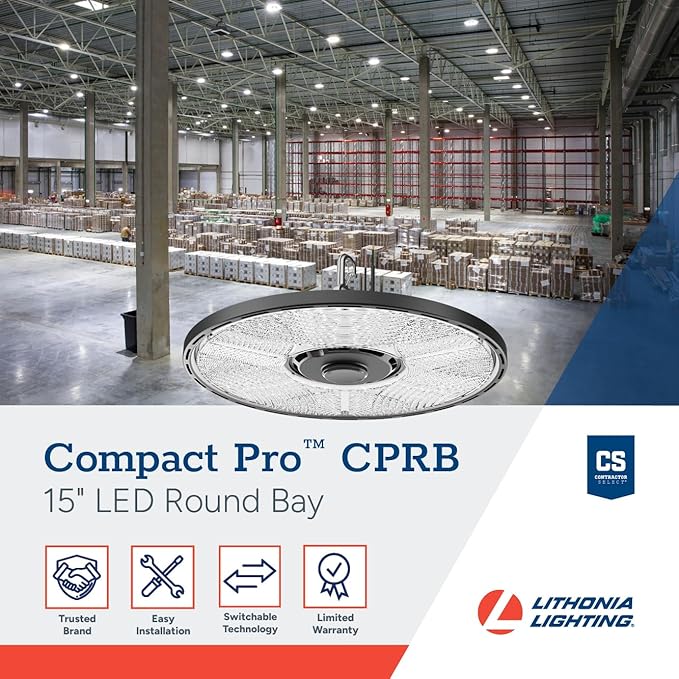 Lithonia Lighting Compact Pro Round LED High Bay Light, Ceiling Lighting Fixture, Adjustable 21000/24000/27000 Lumens, Selectable 4000K/5000K, UVOLT 120–347V, Black (CPRB ALO14 UVOLT SWW9 80CRI DBL)