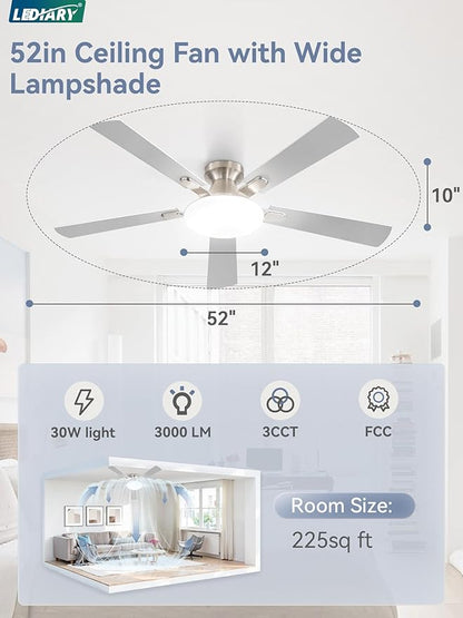 52 Inch Ceiling Fan with Lights and Remote, 30W 12" LED Panel Flush Mount Ceiling Fan, 6-Speed Quiet DC Motor Modern Low Profile Ceiling Fan with Reversible Blades for Bedroom, Living Room, Patio