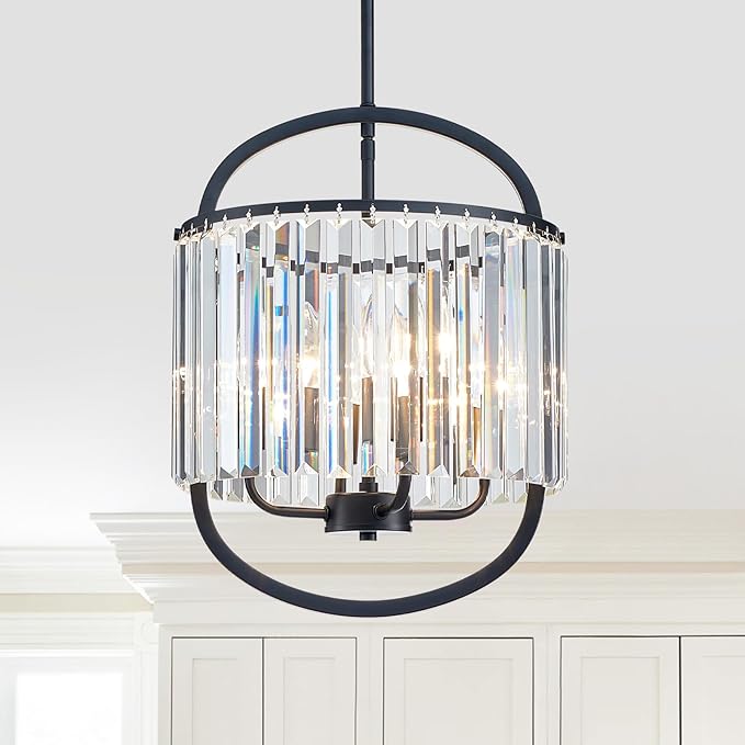 Black Crystal Pendant Light for Dining Room 12.8" Mini Luxury Crystal Chandelier 4-Light Small Modern Elegant Adjustable Chandelier for Bedroom Kitchen Island Hanging Ceiling Light Fixture