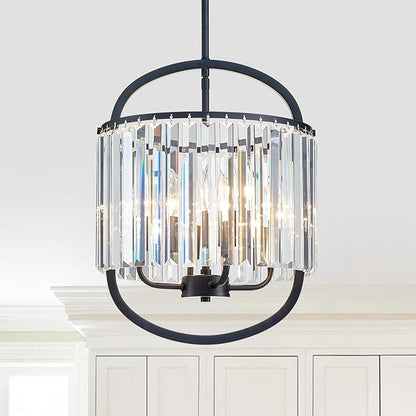 Black Crystal Pendant Light for Dining Room 12.8" Mini Luxury Crystal Chandelier 4-Light Small Modern Elegant Adjustable Chandelier for Bedroom Kitchen Island Hanging Ceiling Light Fixture