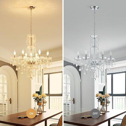 WUZUPS 6-Light Crystal Candle Chandelier Pendant Ceiling Light Modern Lighting Fixture for Bedroom Hallway Bar Kitchen Bathroom, H 25.6" W 24.4", E12 Base, Chrome