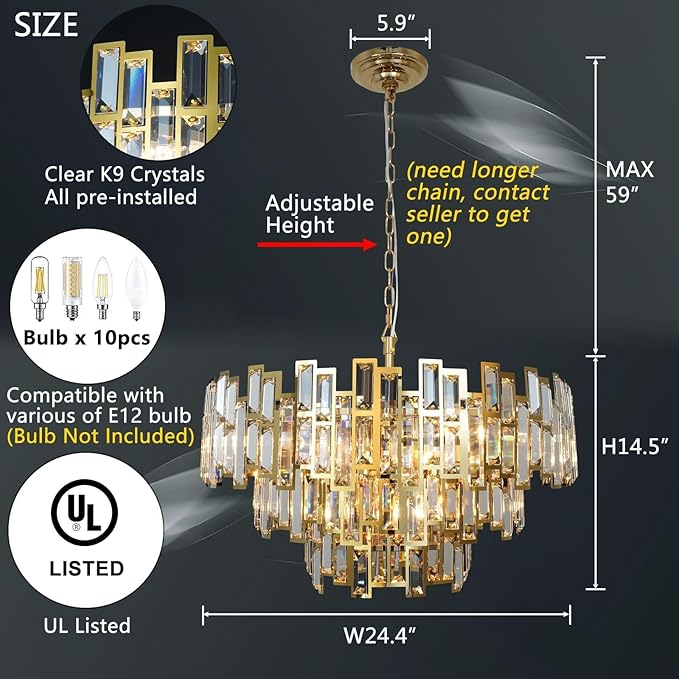 Crystal Chandelier Plated Gold Modern Round Chandeliers for Dining Room Bedroom Kitchen Entryway Chandelier Contemporary Pendant Ceiling Light Fixture Hanging W24.4 10-Light 3-Tier
