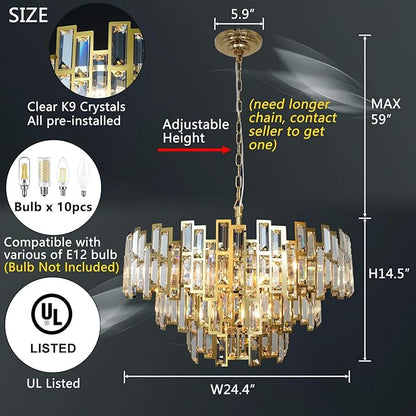 Crystal Chandelier Plated Gold Modern Round Chandeliers for Dining Room Bedroom Kitchen Entryway Chandelier Contemporary Pendant Ceiling Light Fixture Hanging W24.4 10-Light 3-Tier