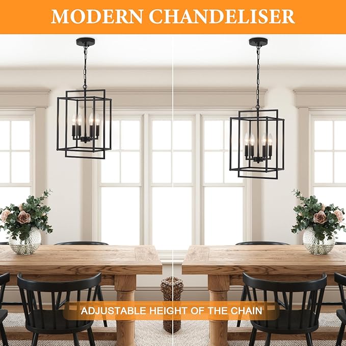 4-Light Black Farmhouse Chandelier Lantern Chandelier Light Fixture for Dining Room Kitchen Island Lighting Modern Pendant Light Fixtures for Bedroom Living Room Foyer
