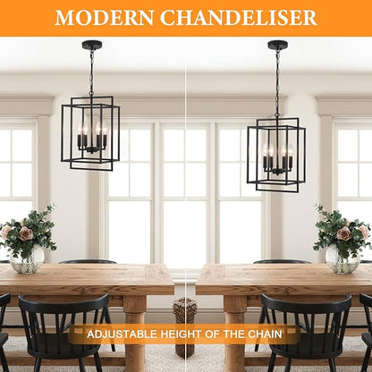 4-Light Black Farmhouse Chandelier Lantern Chandelier Light Fixture for Dining Room Kitchen Island Lighting Modern Pendant Light Fixtures for Bedroom Living Room Foyer