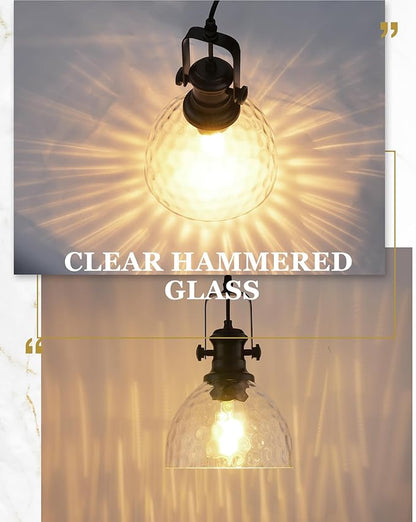 Black Pendant Lights Kitchen Island, 7.5" Farmhouse Pendant Lighting with Hammered Glass Shade, Vintage Hanging Light Fixtures for Dining Room Entryway, Adjustable Cord, AD-22151-1P-BK-H
