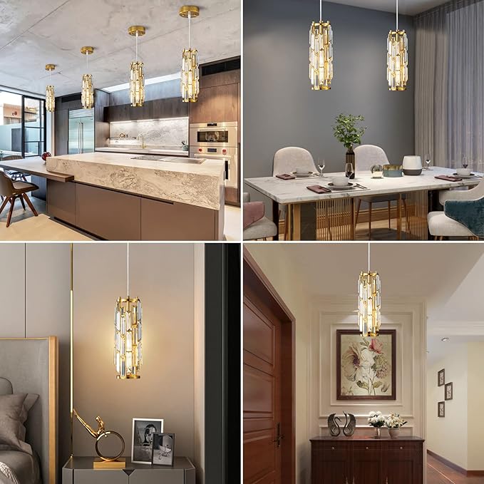 LMQNINE Pendant Lighting Modern Pendant Light, Mini Crystal Chandeliers,Adjustable Pendant Light Fixture for Kitchen Island Dinning Room Bedroom (Gold, 1-Light)