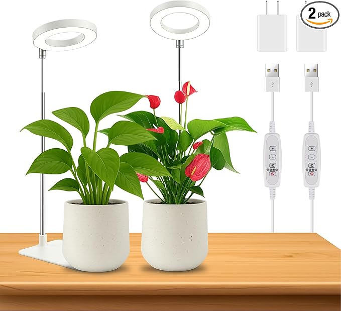 2 Pack Grow Light with Base, 6000K White Full Spectrum Growing Light Lamp for Indoor Small Mini Micro Green Pot Plants, 5-Level Dimmable, Auto Timer 4/8/12/18 Hrs