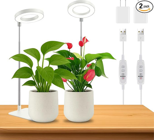 2 Pack Grow Light with Base, 6000K White Full Spectrum Growing Light Lamp for Indoor Small Mini Micro Green Pot Plants, 5-Level Dimmable, Auto Timer 4/8/12/18 Hrs