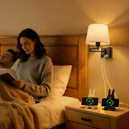 Swing Arm Wall Sconce with Linen Fabric Shade, USB-A & USB-C Charging Ports, Built-in AC Outlet & Rotary Dimmer, Plug-in Adjustable Reading Wall Lamp for Bedside Bedroom Hotel
