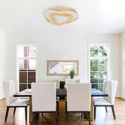 Littleglovo 15.7" Modern Flush Mount LED Chandelier for Dining Room, Dimmable Natural Wood Petal Energy Chandeliers Ceiling Light for Entryway Bedroom Foyer Kitchen Living Room Bathroom