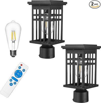 Dusk to Dawn Solar Outdoor Post Light, HWH 2 Pack Solar Post Lights for Yard Garden, Patio Pole Lamps Post with Remote, Clear Glass Shade, 5HD36P-2 SL BK