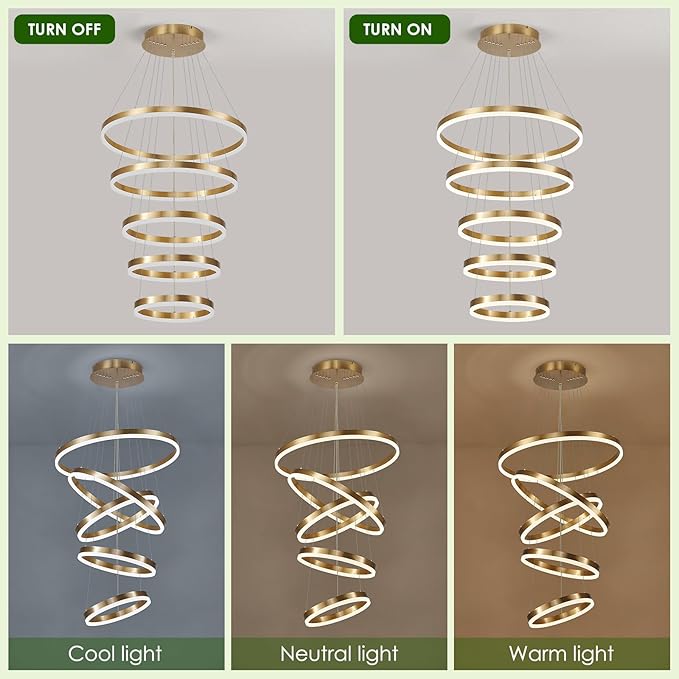 Benkut 5-Rings Modern LED Chandelier Gold High Ceiling Chandelier with Remote Control Dimmable Pendant Lighting for Dining Room Foyer Living Room Entryway Staircase(3000K-6500K, D23.6in)