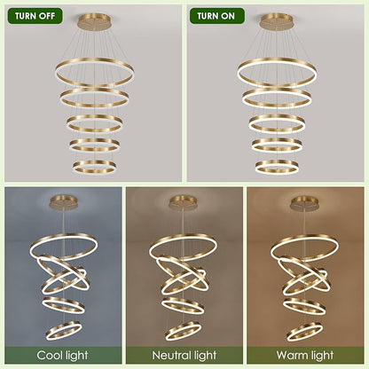 Benkut 5-Rings Modern LED Chandelier Gold High Ceiling Chandelier with Remote Control Dimmable Pendant Lighting for Dining Room Foyer Living Room Entryway Staircase(3000K-6500K, D23.6in)