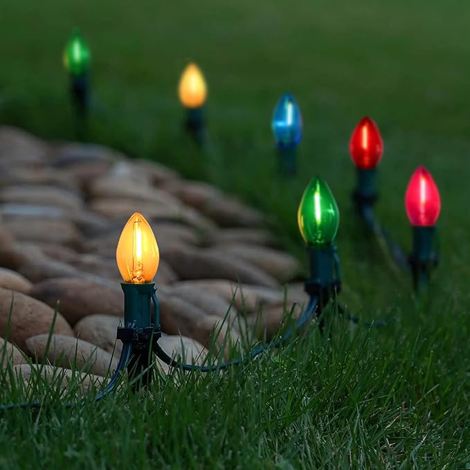 C7 Christmas String Lights 25Ft LED Outdoor Christmas Lights with 27 Clear Multicolor LED Bulbs(2 Spare), Vintage Colorful String Lights for Garden Wedding Party Xmas Decoration