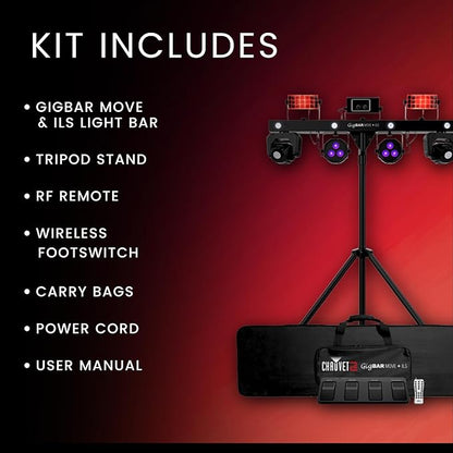 CHAUVET DJ – GigBAR Move + ILS 5-In-1 Lighting System | Moving Heads, Derbies, Washes, Laser & Strobe on One Bar | ILS Compatible | RF Remote, Tripod & Carry Bags Included