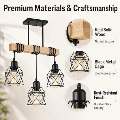 3 Light Farmhouse Ceiling Light,Pendant Light Kitchen Island,Dining Room Chandelier Light Fixture Over Table,Rustic Hanging Light for Kithen,Dining Room,Real Wood,Black Metal Cage