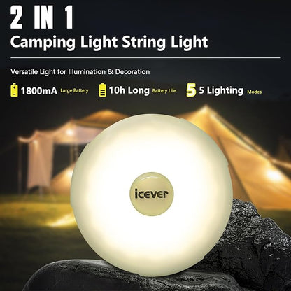 Camping String Lights, 32.8FT Rechargeable Waterproof Hanging Lamp Portable LED Light for Outdoor Camping Awning Tent Garden Party Yard Festival Decor (5 Lighting Modes)