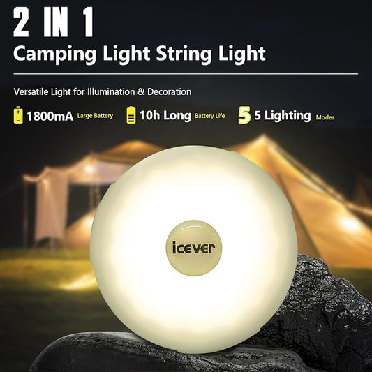 Camping String Lights, 32.8FT Rechargeable Waterproof Hanging Lamp Portable LED Light for Outdoor Camping Awning Tent Garden Party Yard Festival Decor (5 Lighting Modes)