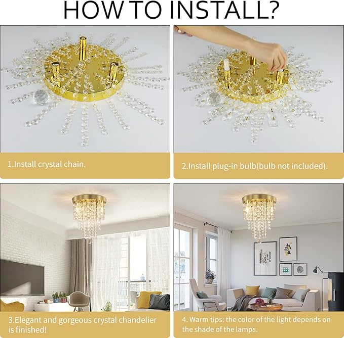 TISLYCO Mini Gold Crystal Chandelier, 3 Light Modern Flush Mount Ceiling Light Fixture, Raindrop Ceiling lamp Beaded Crystal Pendant Lighting for Hallway, Bedroom, Living Room, Dining Room