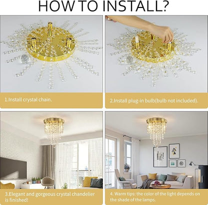 TISLYCO Mini Gold Crystal Chandelier, 3 Light Modern Flush Mount Ceiling Light Fixture, Raindrop Ceiling lamp Beaded Crystal Pendant Lighting for Hallway, Bedroom, Living Room, Dining Room