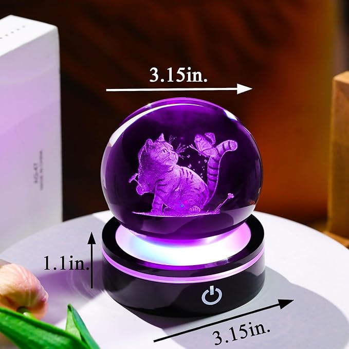 YWHL 3D Crystal Cat and Butterfly Figurines Ball with Colorful Light Base, Laser Engraved Cat Sphere for Women Men,Birthday Gifts for Lover, Animal Snow Globes Collection for Home Decor(80mm)