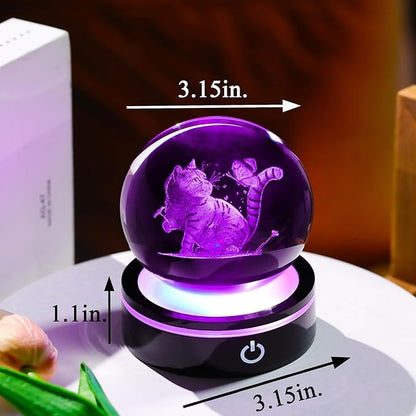 YWHL 3D Crystal Cat and Butterfly Figurines Ball with Colorful Light Base, Laser Engraved Cat Sphere for Women Men,Birthday Gifts for Lover, Animal Snow Globes Collection for Home Decor(80mm)