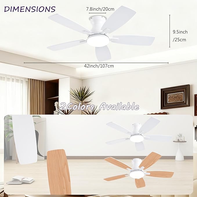NKPU Ceiling Fans with Lights, Low Profile Ceiling Fan with Light and Remote/APP Control, DC Motor, Noiseless, Flush Mount, 42inch White Ceiling Fan for Bedroom Indoor/Outdoor Use