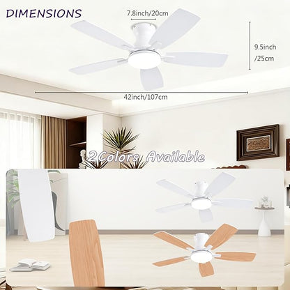 NKPU Ceiling Fans with Lights, Low Profile Ceiling Fan with Light and Remote/APP Control, DC Motor, Noiseless, Flush Mount, 42inch White Ceiling Fan for Bedroom Indoor/Outdoor Use
