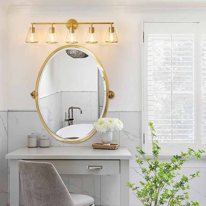 Gold Vanity Light 5 Lights 38.5" Large Vanity Lights for Bathroom, Wall Sconces Light with Clear Glass Shade, Light Fixtures for Bathroom, Living Room, Kitchen, Bedroom, E26 Base