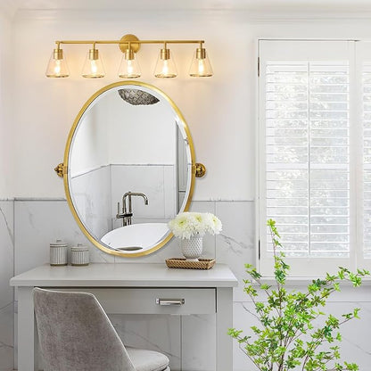Gold Vanity Light 5 Lights 38.5" Large Vanity Lights for Bathroom, Wall Sconces Light with Clear Glass Shade, Light Fixtures for Bathroom, Living Room, Kitchen, Bedroom, E26 Base