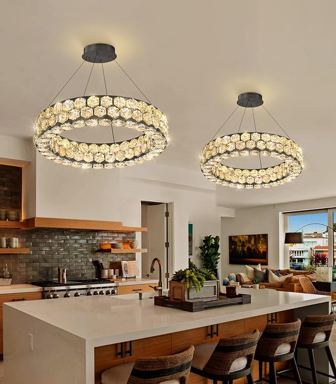 Modern Crystal Chandelier Ring Chandeliers for Dining Room Living Room Round LED Dimmable Ceiling Light Fixture for Bedroom Hallway Foyer Black