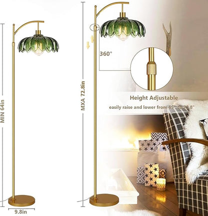 AHDWDW Floor Lamp for Living Room Bedroom,Gold Dimmable Standing Lamp with Remote,Mid Century Modern Brass Tall Lamp Vintage Green Glass Lamp Floor Light,Arc Unique Floor Lamps for Office Corner