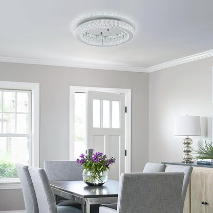 HOPGGIE 18" Crystal Chandelier with Remote Control LED Flush Mount Ceiling Light Fixtures Modern Round Ring Chandelier Light for Living Room Bedroom Dining Room (dimmable)