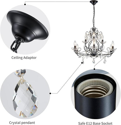 WUZUPS 9-Light Crystal Candle Chandelier Pendant Flushmount Ceiling Light Modern Lighting Fixture for Bedroom Hallway Bar Kitchen Bathroom, H 18.1" x W 25.6", Black, E12 Base