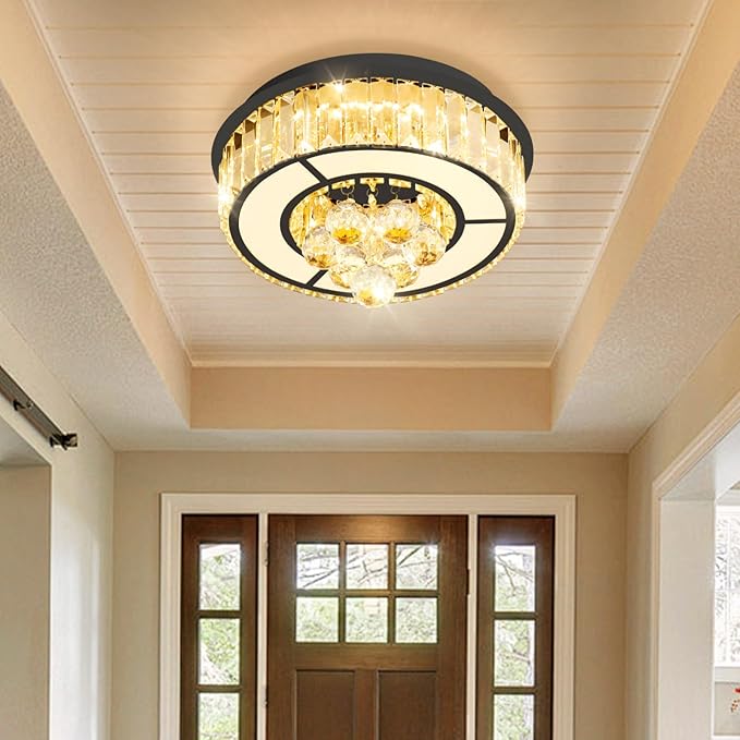 11.8" Black Modern Crystal Chandeliers for Dining Room LED Dimmable Light Fixtures Flush Mount Light Living Room Bedrooms
