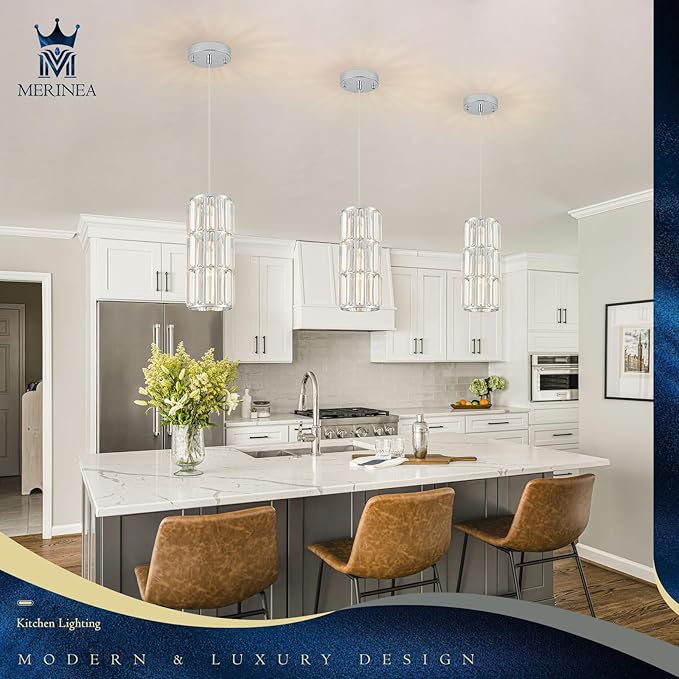 Chrome Crystal Pendant Light for Kitchen Island, Modern Mini Hanging Chandelier with Adjustable Cord, Luxury Polished Chrome Pendant Lighting for Dining Room, Bathroom, Bedroom, Bar
