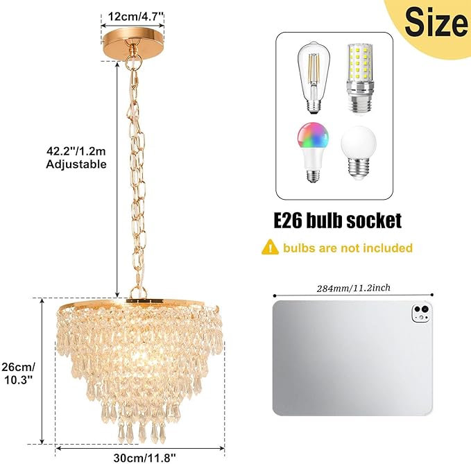 FRIXCHUR 11.8'' Crystal Chandelier Gold Crystal Ceiling Light Led Flush Mount Crystal Ceiling Pendant Light Metal LED Crystal Pendant Light for Bedroom Living Room Foyer