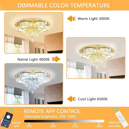 23.6" Gold Modern Crystal Chandeliers for Dining Room LED Dimmable Light Fixtures Flush Mount Light Living Room Bedrooms