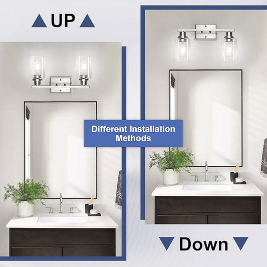 Unicozin 2 Light Bathroom Light Fixtures, Modern Vanity Lights Over Mirror, Brushed Nickel Wall Lamp with Clear Glass for Living Room Cabinet Bedroom Porch
