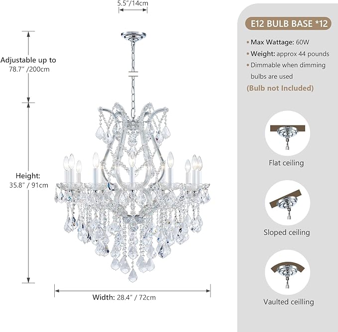 12-Light Crystal Maria Therese Luxury K9 Crystal Chandelier for Dining, Living Room, Bedroom, Entryway